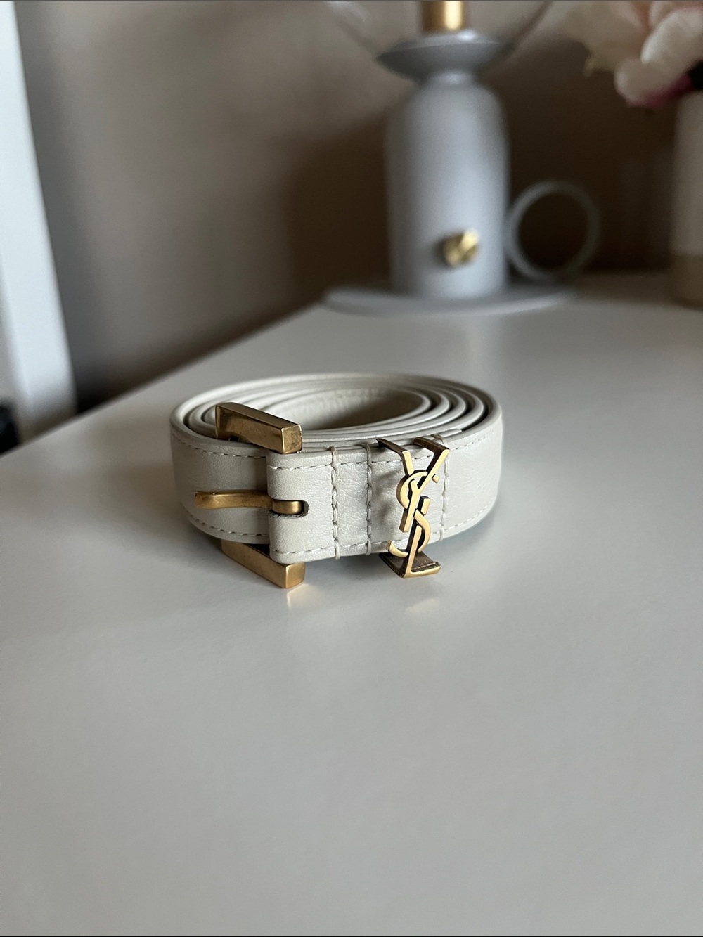 Saint Laurent Cream Leather Belt with Gold YSL Logo
